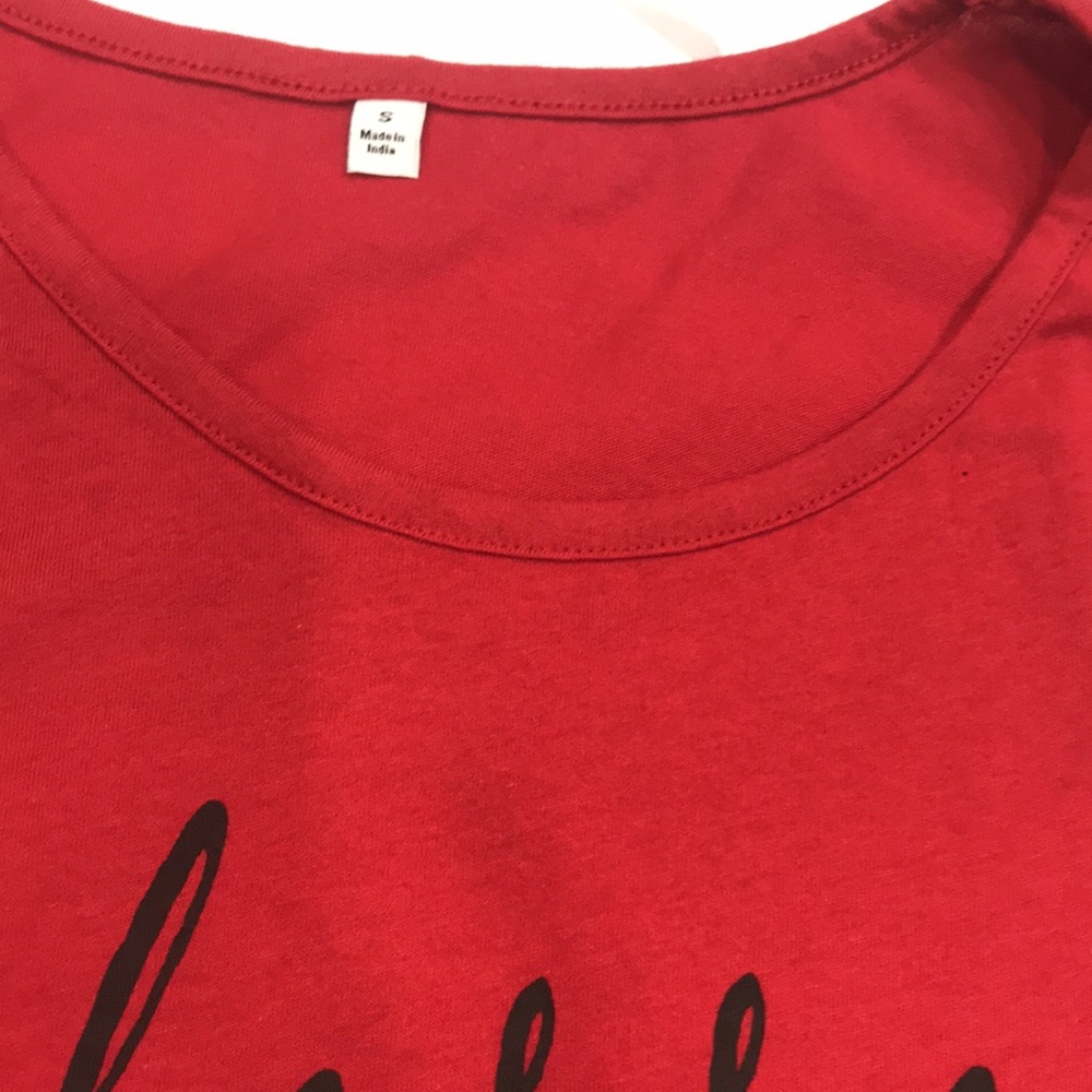 RED SLEEVELESS TOP W “blessed” on front. Size small. PRETTY RED W BLACK LETTERS - Picture 2 of 4